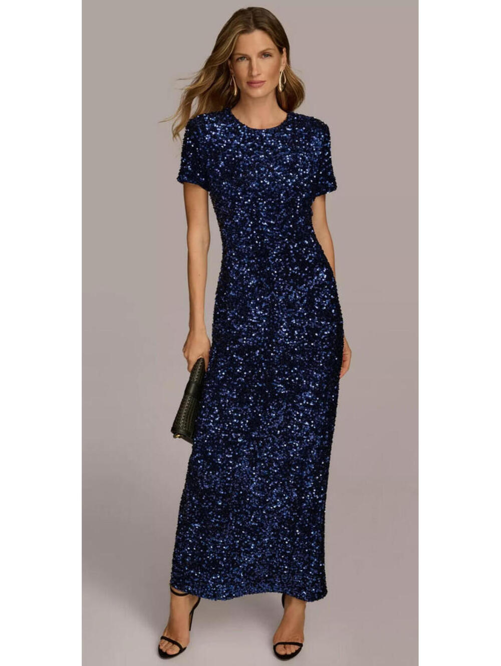Donna Karan NY Women's Blue Sequin Short-Sleeve Gown Long Prom Dress sz 6